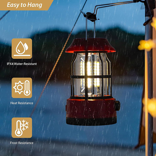 Vintage Retro LED Camping Lantern with Solar Panel & Dimmable Knob - COB Portable Tent Light