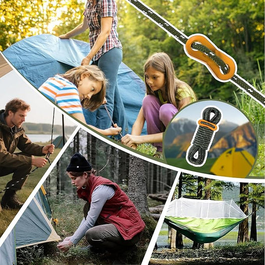 6 Pack 4m Reflective Camping Guy Lines with Aluminum Adjuster for Tent, Tarp & Canopy Shelter