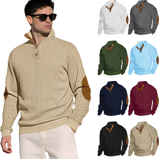 Men's Quarter-Button Jacquard Sweater - Long Sleeve Mock Neck Pullover with Elbow Patches