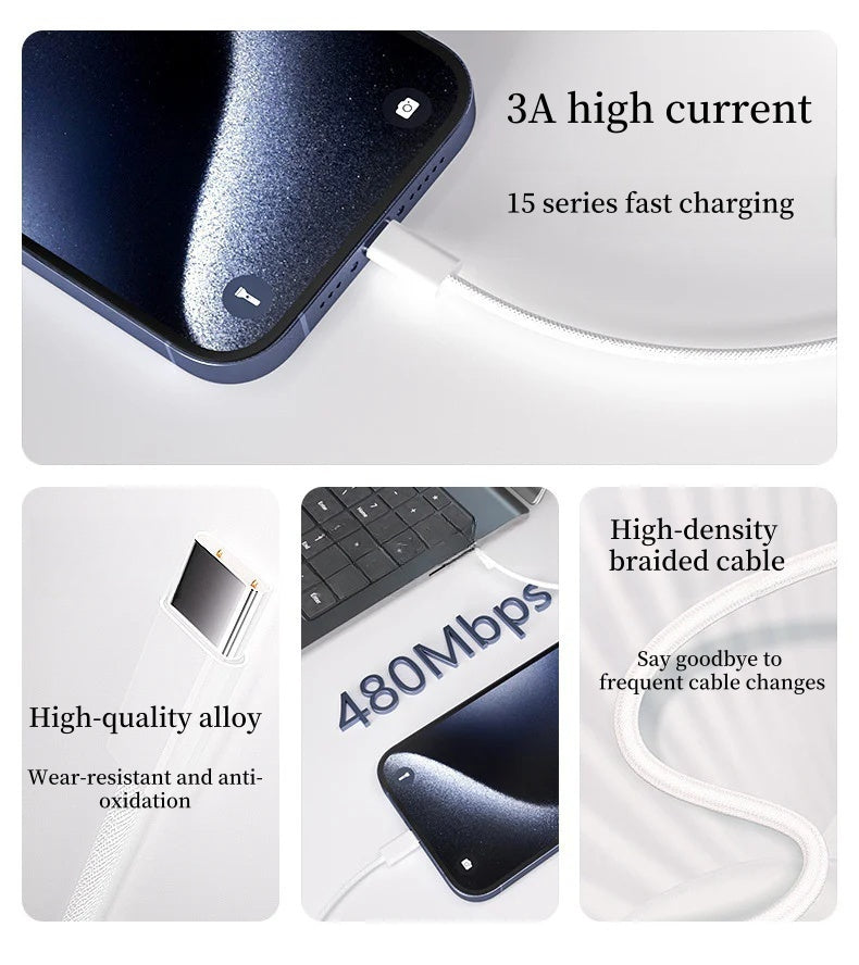 2M/6.6FT 2Pack USB-C to USB-C Braided Fast Charging Data Cable for iPhone 15/16 Series, with a Maximum Power of 35W