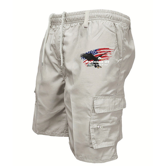 Men’s Independence Day Print Utility Cargo Shorts - Breathable Elastic Drawstring Shorts for Daily & Sports
