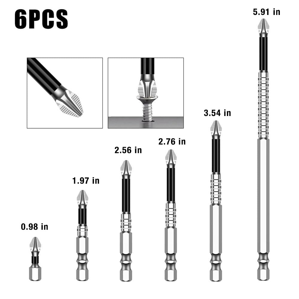 6Pcs High Magnetic Impact-Resistant Slip-Resistant Phillips Screwdriver Drill Bit Set (0.98 / 1.97 / 2.56 / 2.76 / 3.54 / 5.91 in)
