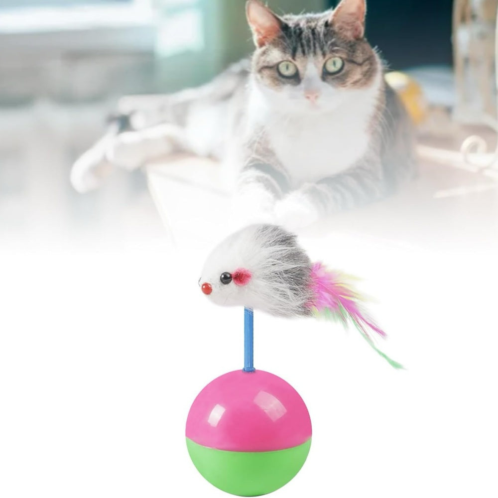 Cat Teaser Tumbler Mouse Toy - Faux Feather Mouse Ball, Random Colors for Kittens & Dogs