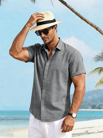 Men's Linen Short Sleeve Button Down Casual Shirt