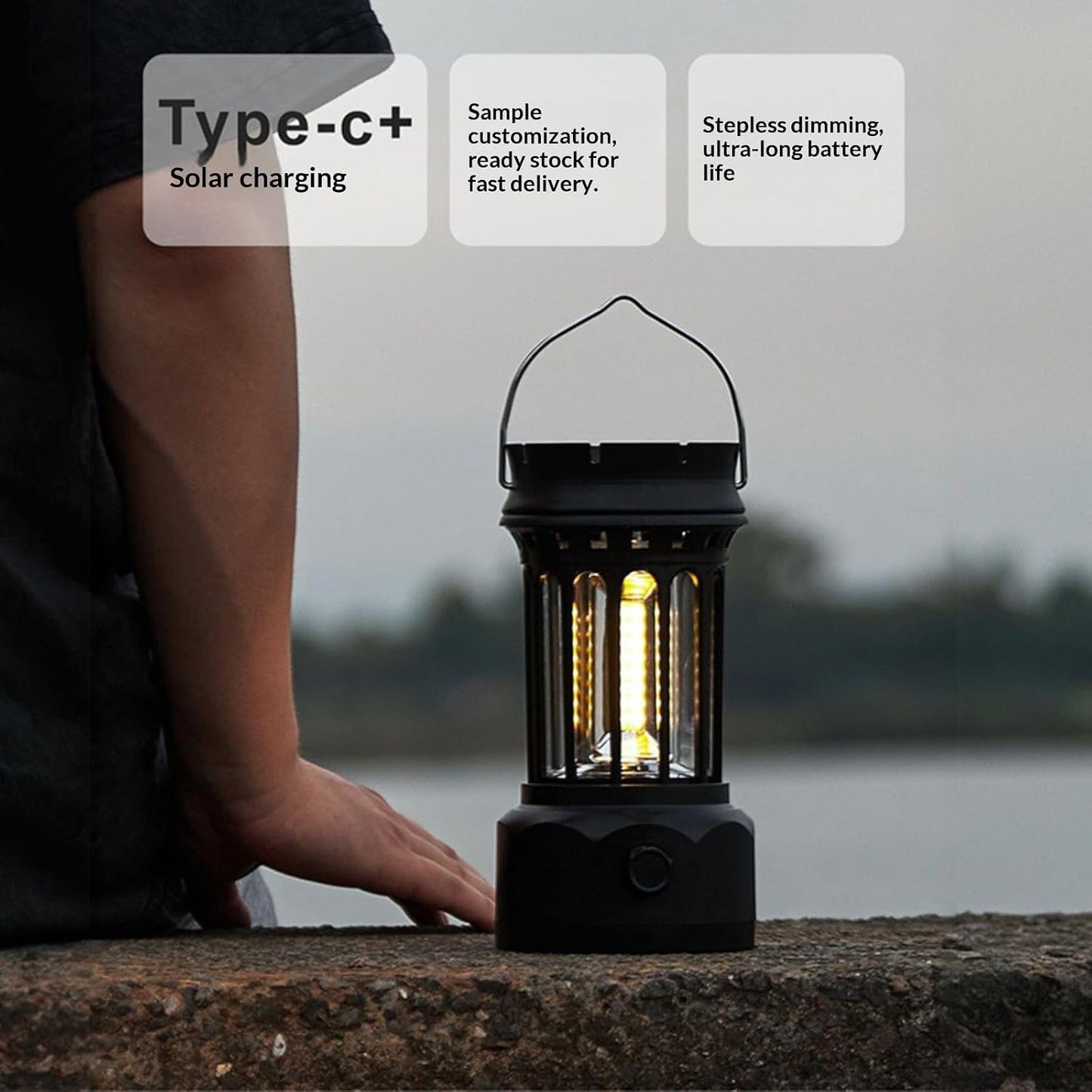 Vintage Retro LED Camping Lantern with Solar Panel & Dimmable Knob - COB Portable Tent Light
