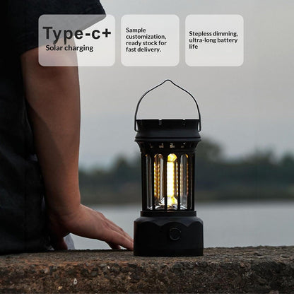 Vintage Retro LED Camping Lantern with Solar Panel & Dimmable Knob - COB Portable Tent Light