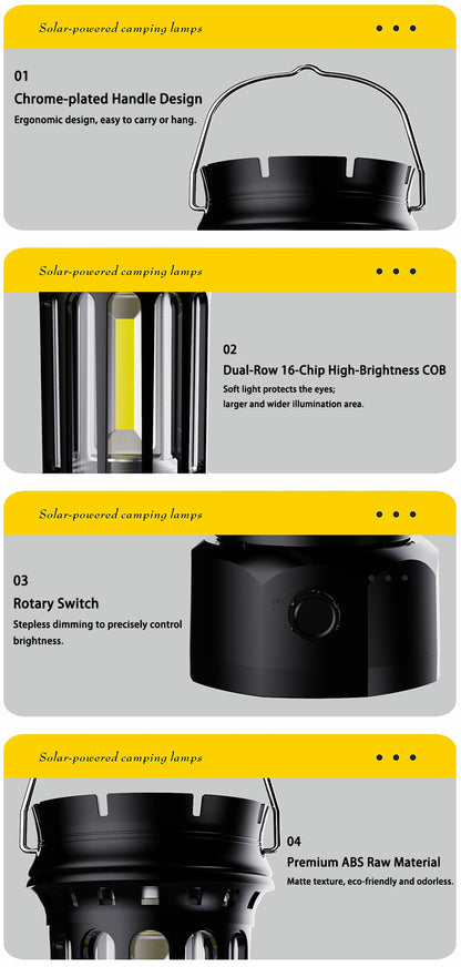 Vintage Retro LED Camping Lantern with Solar Panel & Dimmable Knob - COB Portable Tent Light
