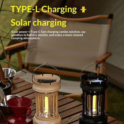 Vintage Retro LED Camping Lantern with Solar Panel & Dimmable Knob - COB Portable Tent Light