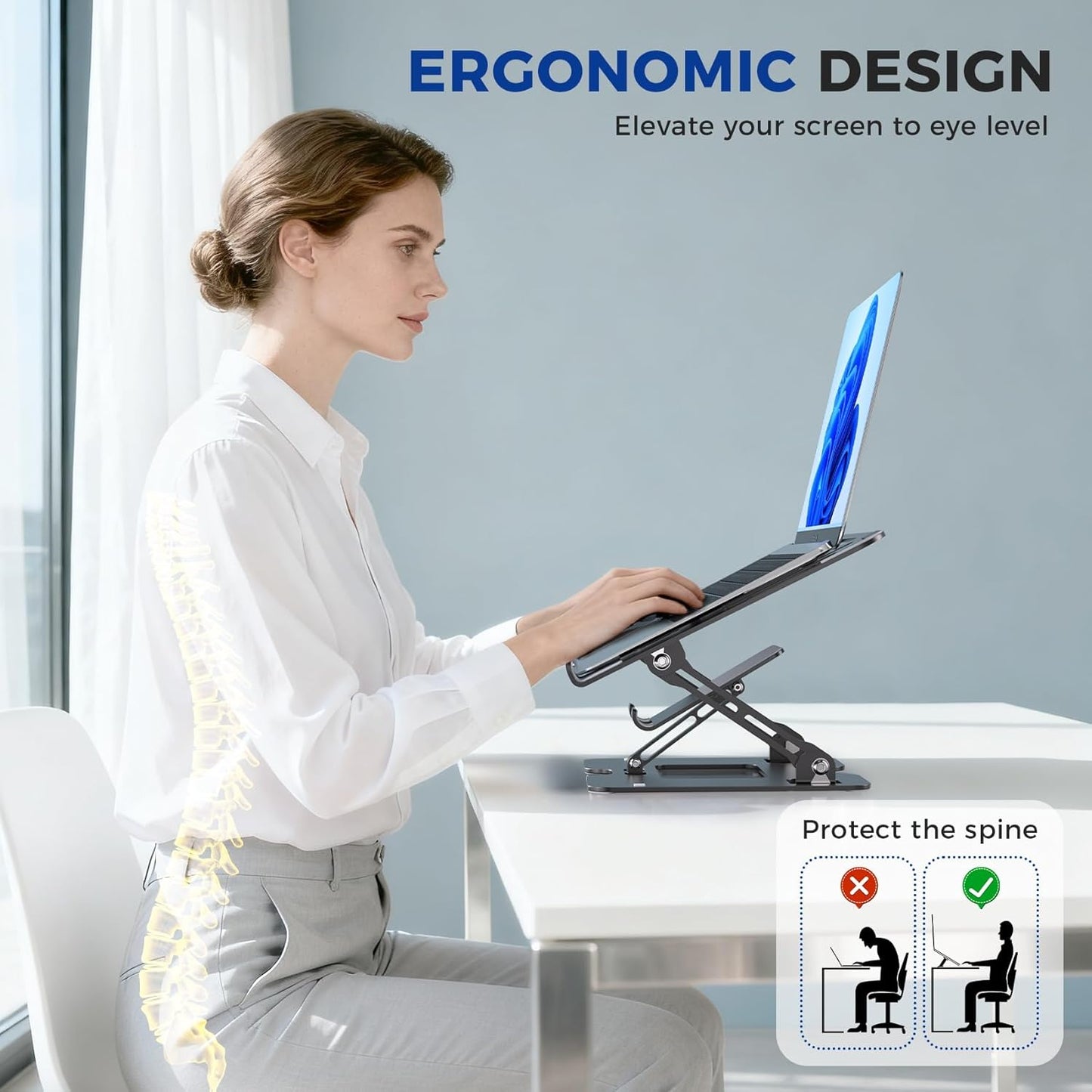 2-in-1 Adjustable Laptop Stand with Phone Holder - Ergonomic Carbon Steel Desk Riser