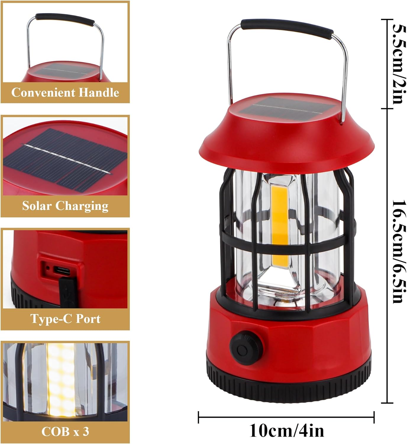 Vintage Retro LED Camping Lantern with Solar Panel & Dimmable Knob - COB Portable Tent Light