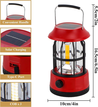 Vintage Retro LED Camping Lantern with Solar Panel & Dimmable Knob - COB Portable Tent Light
