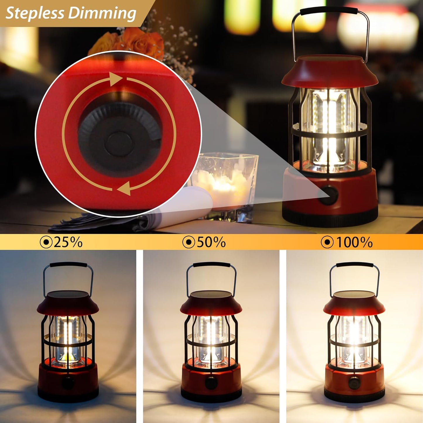 Vintage Retro LED Camping Lantern with Solar Panel & Dimmable Knob - COB Portable Tent Light
