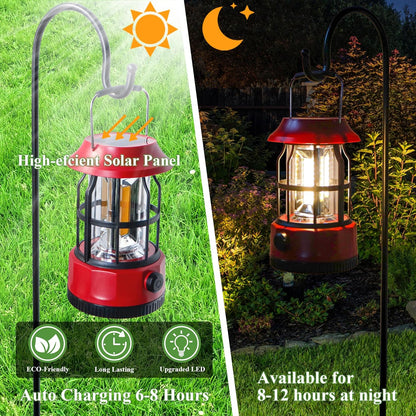 Vintage Retro LED Camping Lantern with Solar Panel & Dimmable Knob - COB Portable Tent Light
