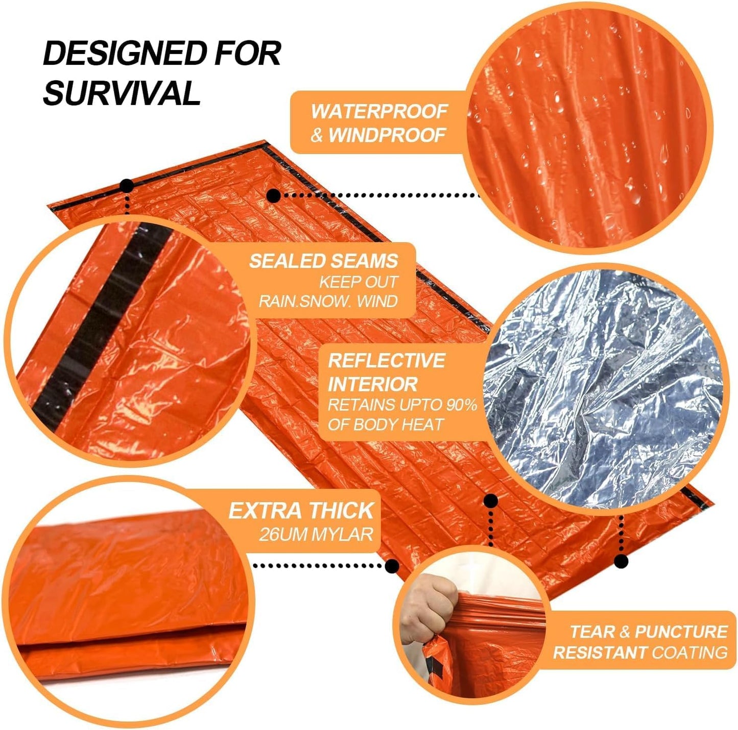 2-Pack Emergency Bivvy Sack - Waterproof Thermal Mylar Survival Sleeping Bag for Camping, Hiking & Car Emergency Kits