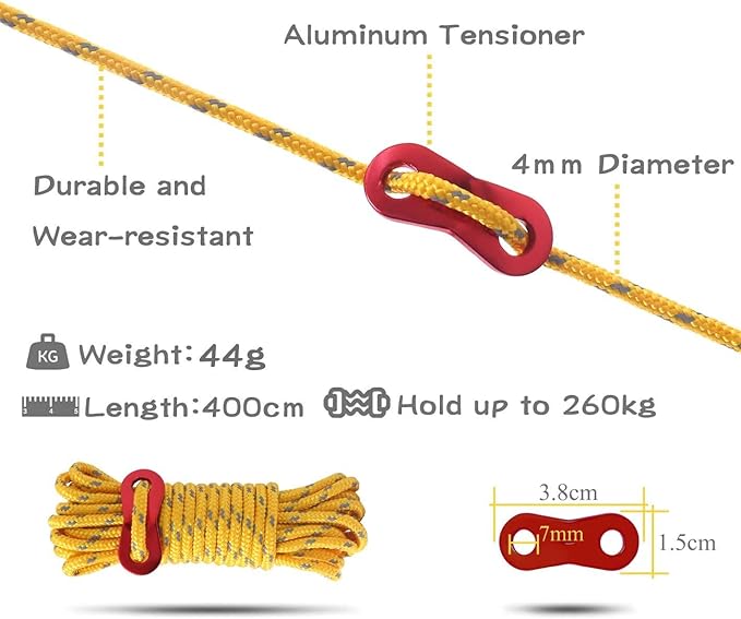 6 Pack 4m Reflective Camping Guy Lines with Aluminum Adjuster for Tent, Tarp & Canopy Shelter