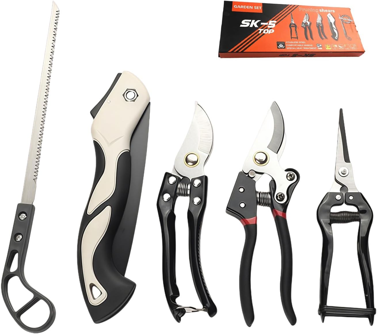 5-Piece SK-5 Steel Gardening Tool Set - Pruning Shears, Folding Saw & Garden Shears for Planting, Trimming & Yard Work