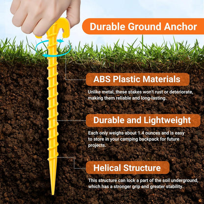 10 Inch Heavy-Duty Spiral Plastic Tent Stakes - Screw-in Sand Anchors for Camping, Canopies & Tarps
