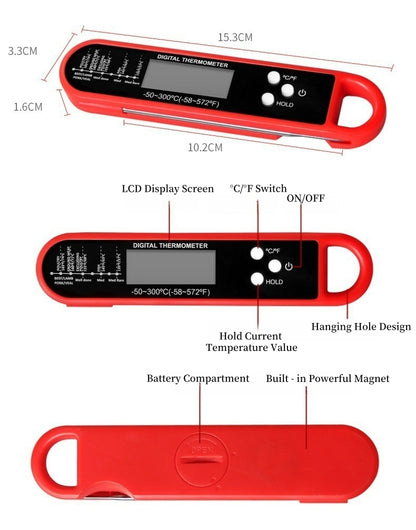 Folding Food Thermometer BBQ Meat Kitchen Thermometer, Baking Milk Water Thermometer（-50~300℃）