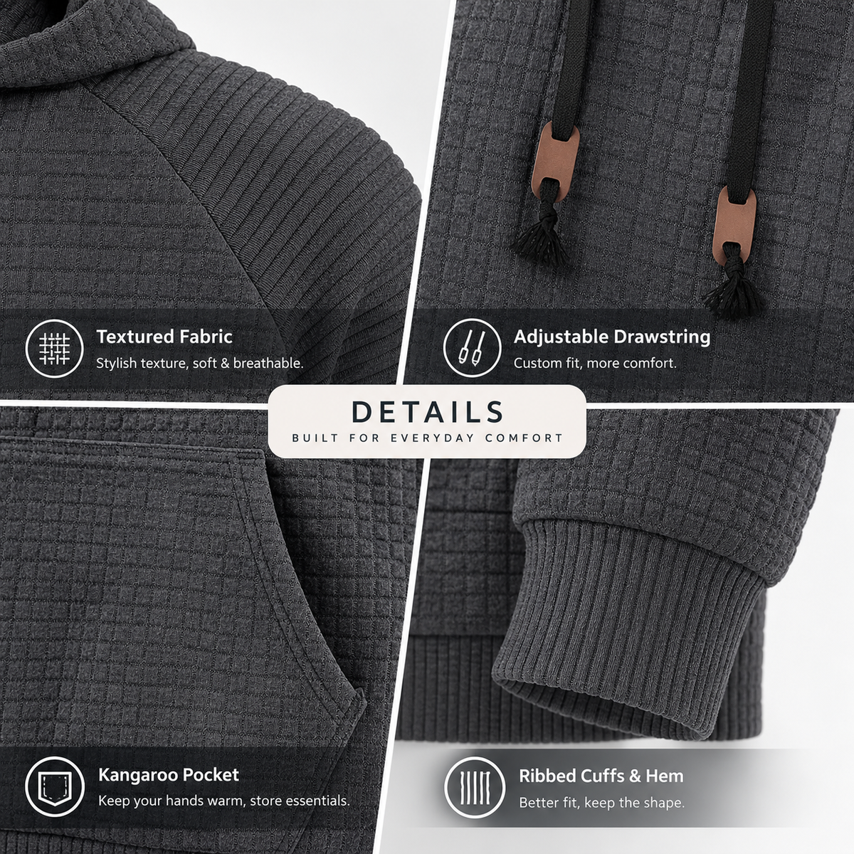 Men's Waffle Knit Pullover Hoodie with Kangaroo Pocket