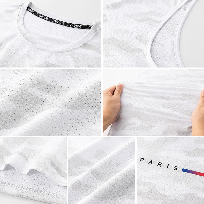 Split view showing breathable polyester fabric texture and 4-way stretch demonstration on black tank top
