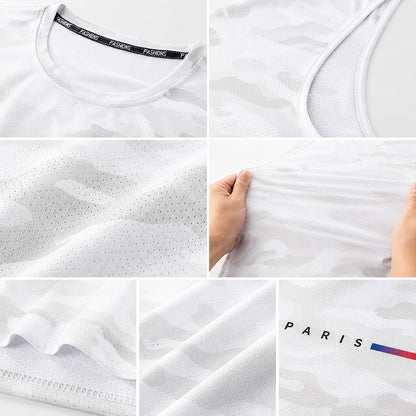 Split view showing breathable polyester fabric texture and 4-way stretch demonstration on black tank top