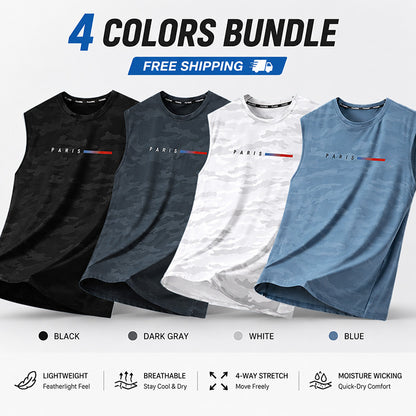 Men's Camo Paris Print Tank Top-Breathable Quick-Dry Sleeveless Gym Vest for Summer