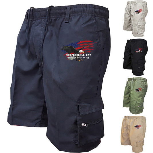 Men’s Independence Day Print Utility Cargo Shorts - Breathable Elastic Drawstring Shorts for Daily & Sports