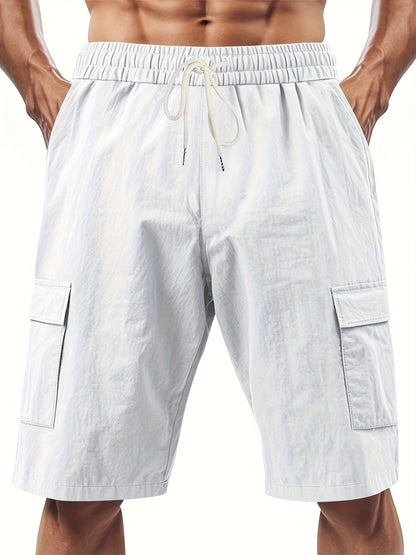 Men's Linen-Blend Cargo Shorts, Elastic Waist Drawstring Multi-Pocket Casual Summer Shorts