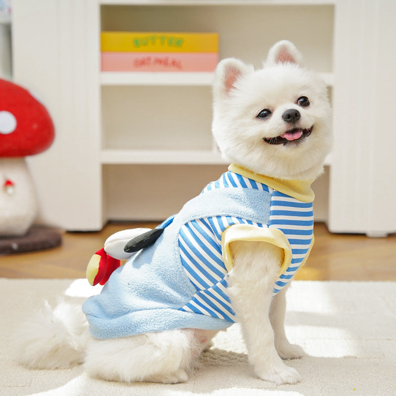 Cute Cartoon Puppy Pet Vest - Striped Fleece Dog Jacket with Leash D-Ring