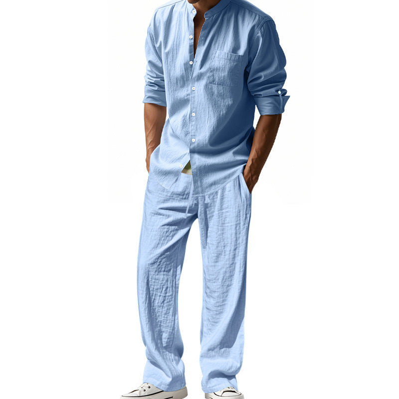 Men's Linen Blend 2-Piece Outfit, Stand Collar Roll-Up Sleeve Shirt & Wide Leg Pants Casual Set
