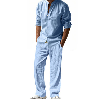 Men's Linen Blend 2-Piece Outfit, Stand Collar Roll-Up Sleeve Shirt & Wide Leg Pants Casual Set