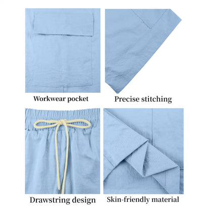 Men's Linen-Blend Cargo Shorts, Elastic Waist Drawstring Multi-Pocket Casual Summer Shorts