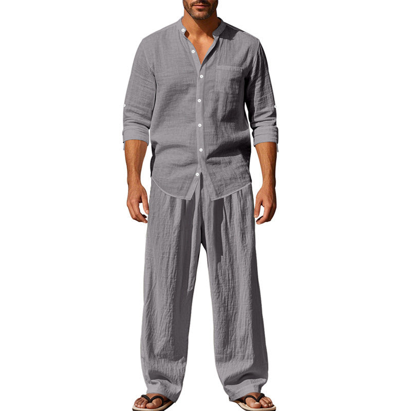 Men's Linen Blend 2-Piece Outfit, Stand Collar Roll-Up Sleeve Shirt & Wide Leg Pants Casual Set