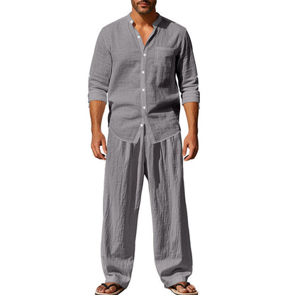 Men's Linen Blend 2-Piece Outfit, Stand Collar Roll-Up Sleeve Shirt & Wide Leg Pants Casual Set