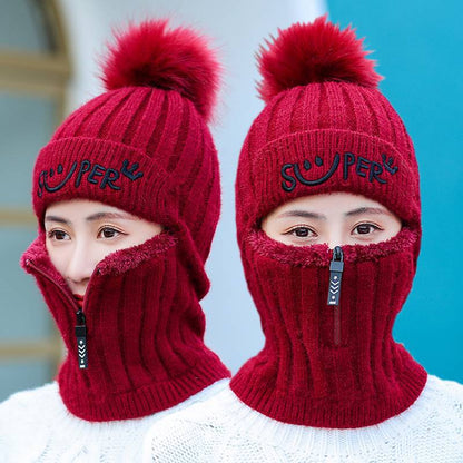 Women's Winter Knitted Hat Cold Weather Face Mask Neck Warmer Pom Beanie
