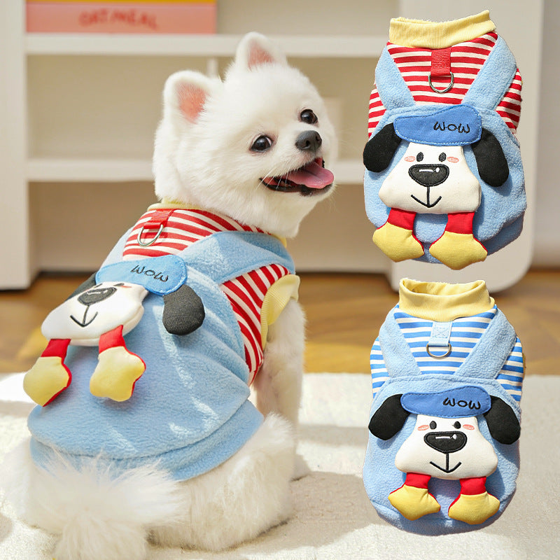Cute Cartoon Puppy Pet Vest - Striped Fleece Dog Jacket with Leash D-Ring