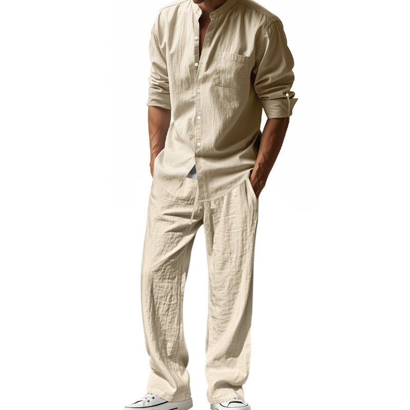 Men's Linen Blend 2-Piece Outfit, Stand Collar Roll-Up Sleeve Shirt & Wide Leg Pants Casual Set