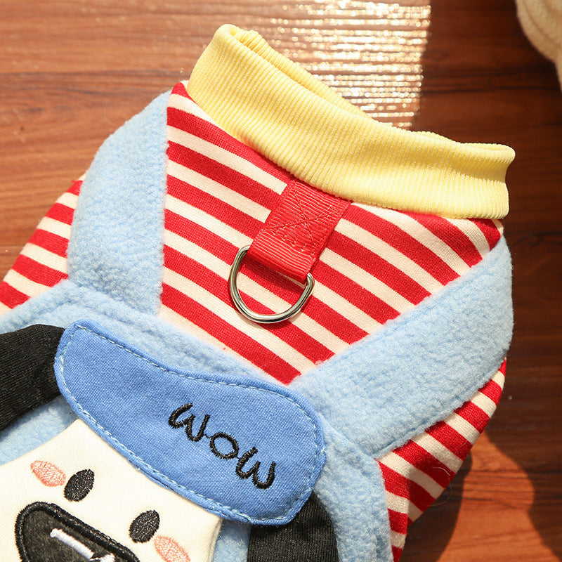 Cute Cartoon Puppy Pet Vest - Striped Fleece Dog Jacket with Leash D-Ring
