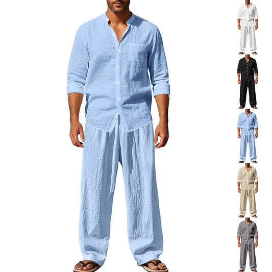 Men's Linen Blend 2-Piece Outfit, Stand Collar Roll-Up Sleeve Shirt & Wide Leg Pants Casual Set