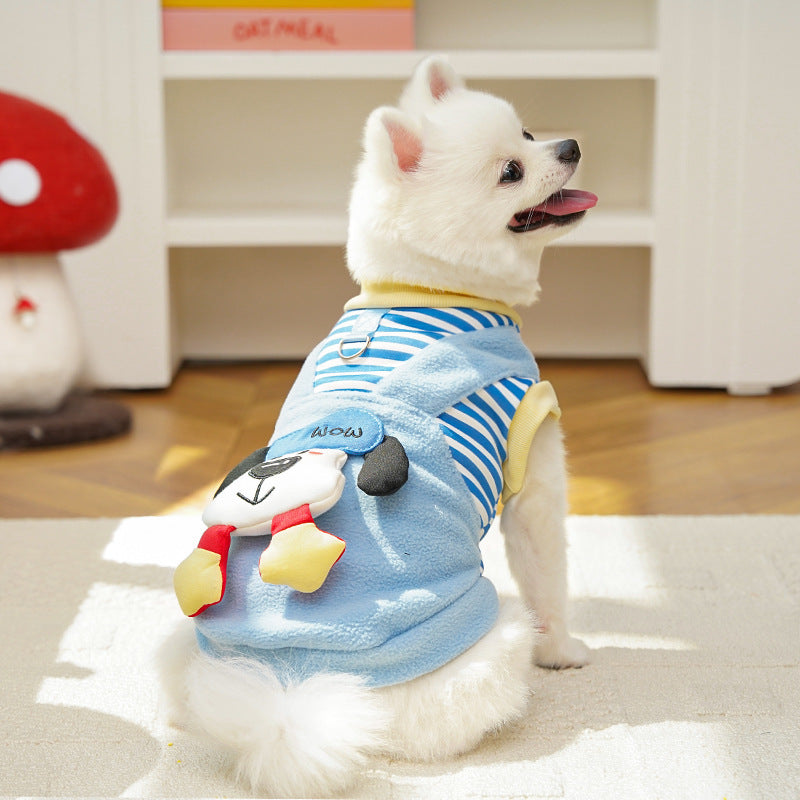 Cute Cartoon Puppy Pet Vest - Striped Fleece Dog Jacket with Leash D-Ring