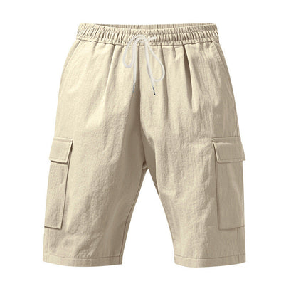Men's Linen-Blend Cargo Shorts, Elastic Waist Drawstring Multi-Pocket Casual Summer Shorts