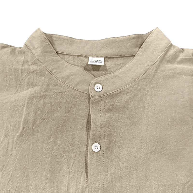Men's Linen Blend 2-Piece Outfit, Stand Collar Roll-Up Sleeve Shirt & Wide Leg Pants Casual Set