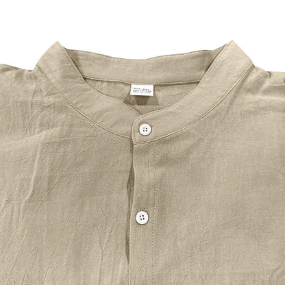 Men's Linen Blend 2-Piece Outfit, Stand Collar Roll-Up Sleeve Shirt & Wide Leg Pants Casual Set