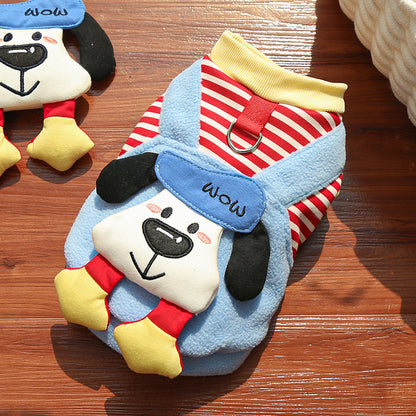 Cute Cartoon Puppy Pet Vest - Striped Fleece Dog Jacket with Leash D-Ring