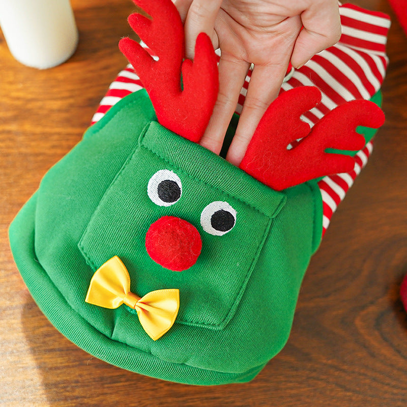 Festive Christmas Reindeer Puppy Pet Vest - Striped Fleece Dog Jacket with Leash D-Ring