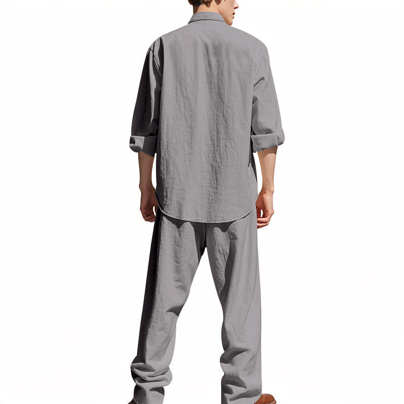 Men's Linen Blend 2-Piece Outfit, Stand Collar Roll-Up Sleeve Shirt & Wide Leg Pants Casual Set