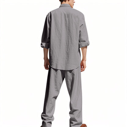 Men's Linen Blend 2-Piece Outfit, Stand Collar Roll-Up Sleeve Shirt & Wide Leg Pants Casual Set