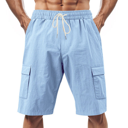 Men's Linen-Blend Cargo Shorts, Elastic Waist Drawstring Multi-Pocket Casual Summer Shorts