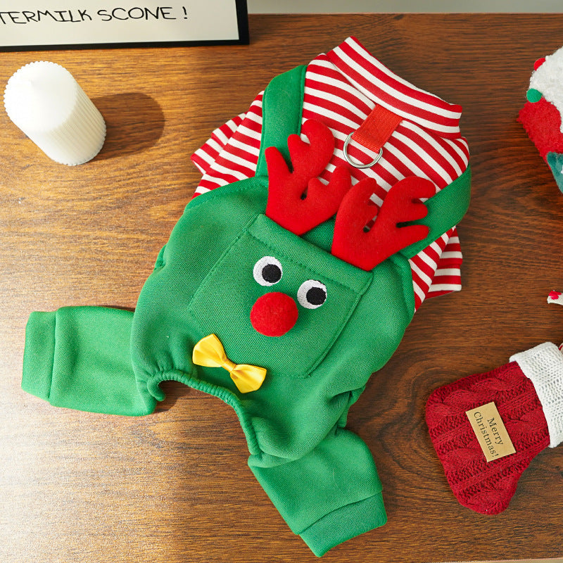 Festive Christmas Reindeer Puppy Pet Vest - Striped Fleece Dog Jacket with Leash D-Ring