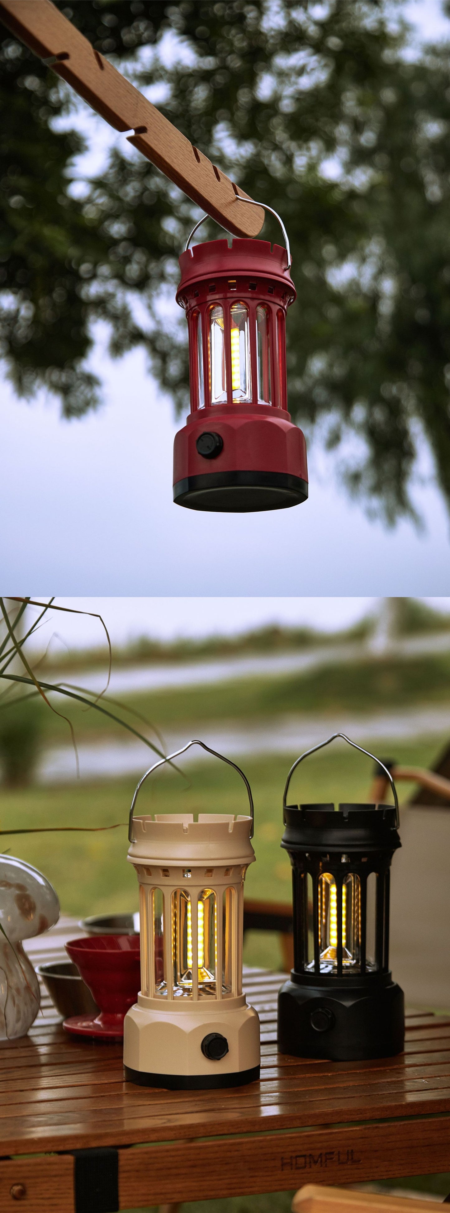 Vintage Retro LED Camping Lantern with Solar Panel & Dimmable Knob - COB Portable Tent Light